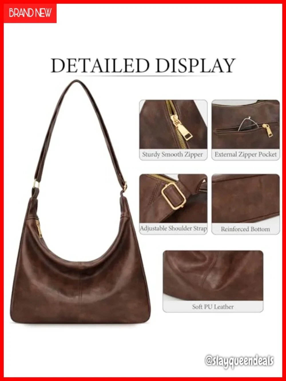 Slouchy Hobo Bag Shoulder Purse Vegan Leather Adjustable Strap Roomy Pockets
